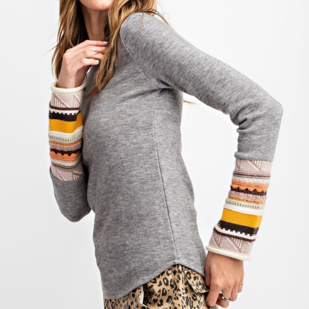 Multi Hacci Knitted Cuff Sleeve Sweater - Grey - Picture 6 of 9